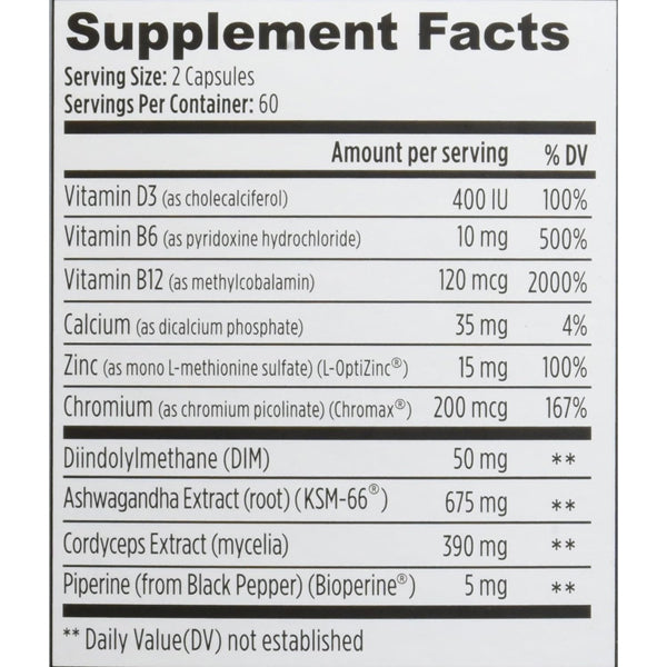 Weider Prime Testosterone Support with Ashwagandha by Weider features a Supplement Facts label listing amounts and daily values per 2-capsule serving, including Vitamin D3, B6, B12, calcium, zinc, KSM-66 Ashwagandha, Chromax, and more.