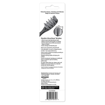 Back of Amazon Basics Pulsating Soft Deep Cleaning Toothbrushes 2 Pack shows features, usage instructions, and manufacturer info, with a close-up of the brush head and VibraClean bristles for a deep clean.