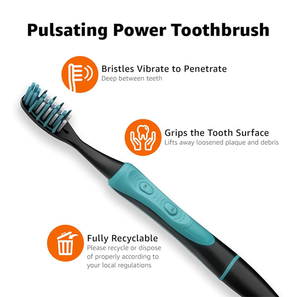 The Amazon Basics 2 Pack Pulsating Soft Deep Cleaning Toothbrushes feature black and teal designs, surface grip, VibraClean bristles for deep cleaning, and are fully recyclable.