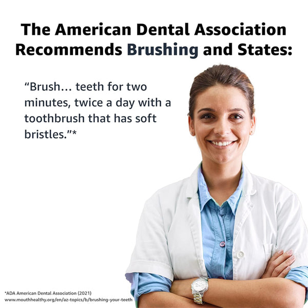 A female dentist in a white coat stands with arms crossed beside text recommending brushing for two minutes, twice daily, using Amazon Basics Pulsating Soft Deep Cleaning Toothbrushes 2 Pack for optimal oral health.