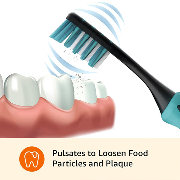 Illustration of the Amazon Basics Pulsating Soft Deep Cleaning Toothbrush loosening particles and plaque, with the text Pulsates to Loosen Food Particles and Plaque below. 2 Pack – 2 ct each.