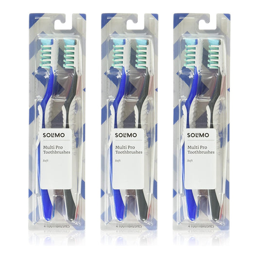 Solimo 3 Pack Multi Pro Toothbrushes includes 4 soft-bristle brushes per pack in assorted colors, each with a textured tongue and cheek cleaner, all in clear plastic packaging.