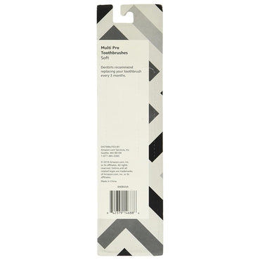 Back of Solimo 3 Pack - Multi Pro Toothbrushes (4 each, assorted colors) shows product info, usage tips, barcode, black-and-gray geometric design, soft bristles for gentle cleaning, and a textured tongue/cheek cleaner for plaque removal.