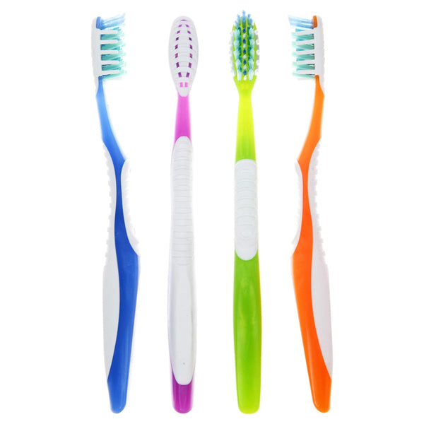 Three packs of Solimo Multi Pro Toothbrushes (4 count each, assorted colors) are displayed side by side. Each soft-bristled brush features a textured tongue and cheek cleaner for enhanced oral care.