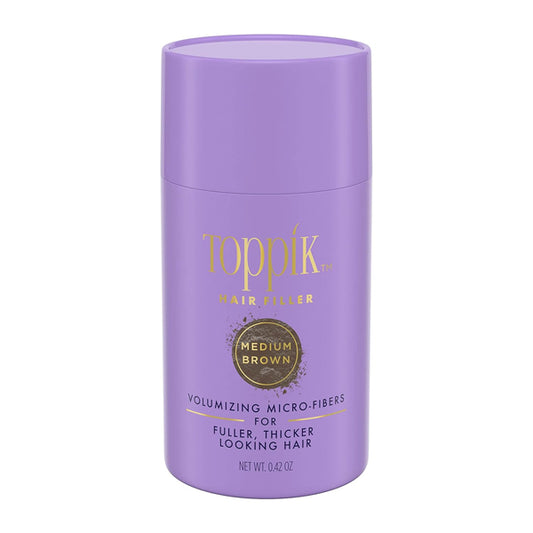 A 12g container of Toppik Hair Fiber Powder Hair Thickener for Women in Medium Brown, with volumizing keratin micro-fibers for fuller-looking hair.