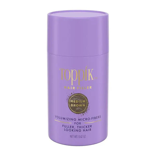 A 12g container of Toppik Hair Fiber Powder Hair Thickener for Women in Medium Brown, with volumizing keratin micro-fibers for fuller-looking hair.