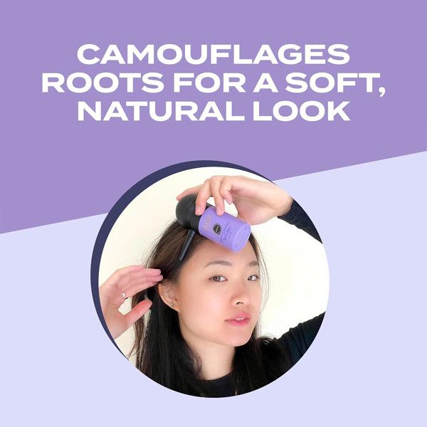 A woman applies Toppik Hair Fiber Powder Hair Thickener for Women Medium Brown 12g, which camouflages roots and creates the look of thicker hair for a soft, natural finish.