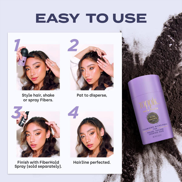 A step-by-step guide shows a woman applying Toppik Hair Fiber Powder Hair Thickener for Women Medium Brown 12g, with a Toppik container and loose fibers visible, demonstrating how to achieve the look of thicker hair.