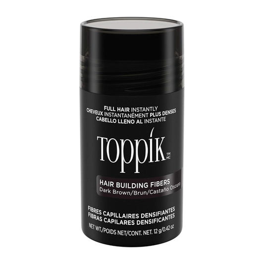 A 12g black cylindrical container of Toppik Hair Building Fibers in Dark Brown for fine or thinning hair, made with keratin protein and labeled in English, French, and Spanish.