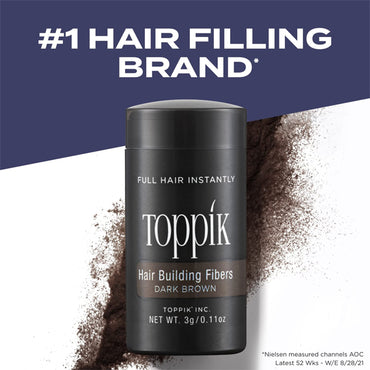 Toppik Hair Building Fibers 12g in Dark Brown by Toppik, made with keratin protein for fine or thinning hair, is displayed with scattered fibers and the text #1 Hair Filling Brand.