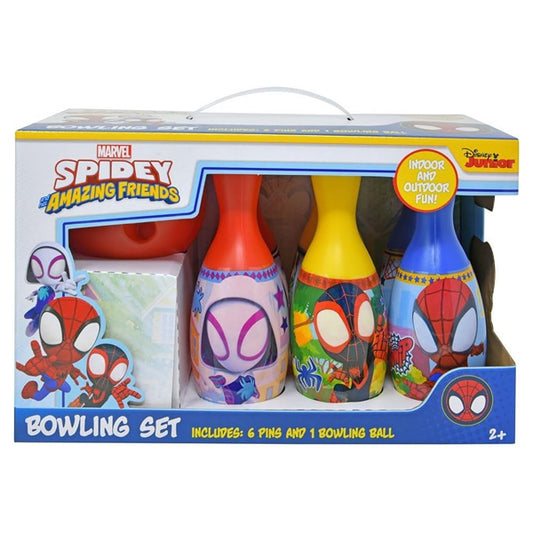 The Disney Marvel Spidey and His Amazing Friends Bowling Set for Kids includes 6 colorful pins and a ball, designed for children ages 2+ to help develop hand-eye coordination through fun play.