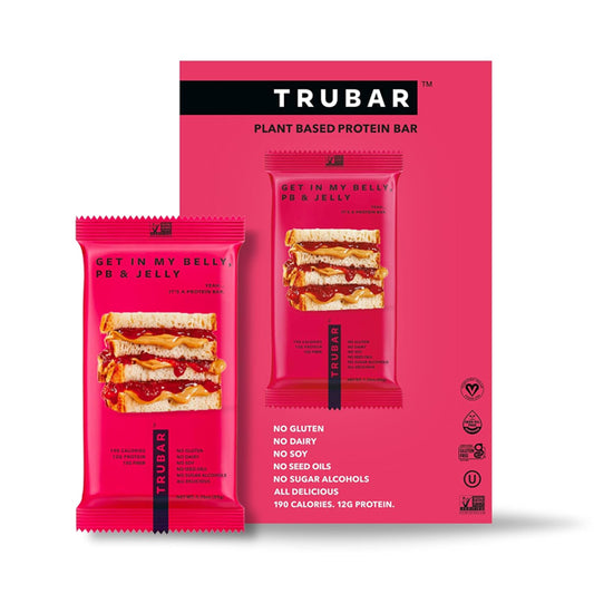 The TRUBAR Vegan Gluten Free Protein Bar Get In My Belly Pb & Jelly 12ct features packaging with a sandwich image and highlights plant-based, healthy treats: no gluten, dairy, soy, or seed oils; 190 calories; and 12g protein.