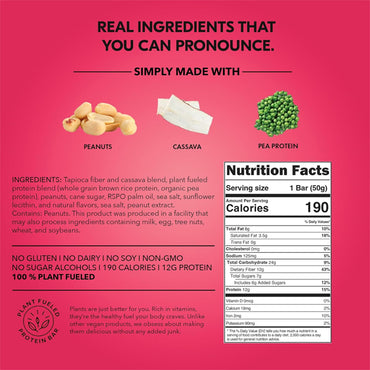 TRUBAR Vegan Gluten Free Protein Bar Get In My Belly PB & Jelly 12ct features simple, non-GMO, allergy-friendly ingredients. Images of peanuts, cassava, and peas on a pink background highlight this healthy Trubar treat.