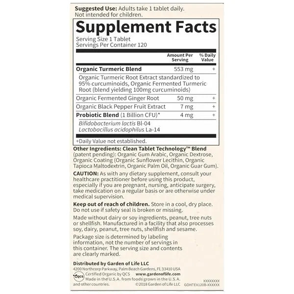 Garden of Life Organics Extra Strength Turmeric 120 Vegan Tablets Garden of Life