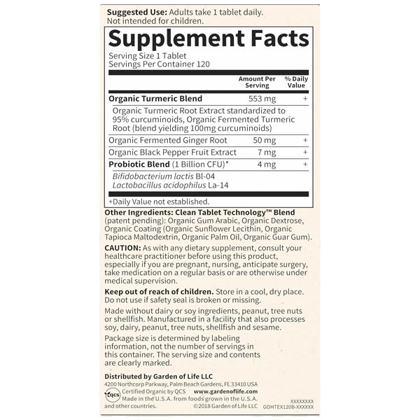 Garden of Life Organics Extra Strength Turmeric 120 Vegan Tablets