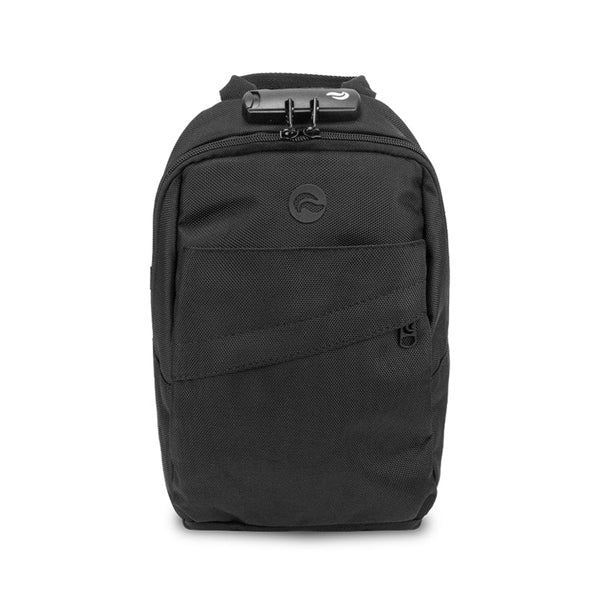 The Skunk Uno Crossbody Sling Bag by Skunk is a black, rectangular, 100% smell- and weather-proof carbon-lined bag with a front zipper pocket and top zipper lock, shown against a white background.