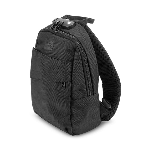 The Skunk Uno Crossbody Sling Bag by Skunk is a black sling backpack with multiple zippered compartments, padded shoulder strap, top zipper lock, and 100% smell- and weather-proof carbon lining for odorless protection.