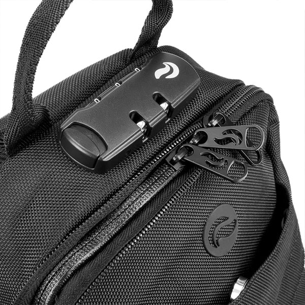 Close-up of the Skunk Uno Crossbody Sling Bag by Skunk, featuring double zipper pulls, a built-in combination lock, and weather-proof carbon lining for 100% odorless protection.