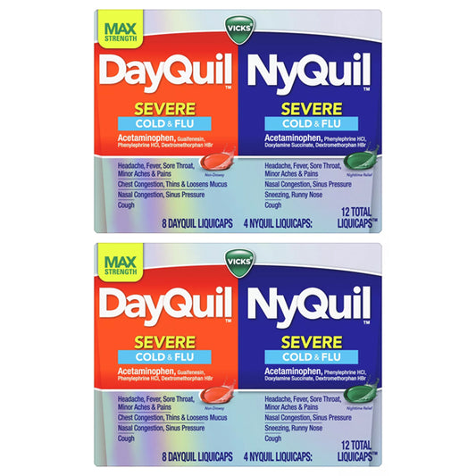 Vicks 2 Pack DayQuil & NyQuil Max Strength Severe Combo provides maximum cold and flu relief, each pack containing 12 liquicaps for a total of 24.