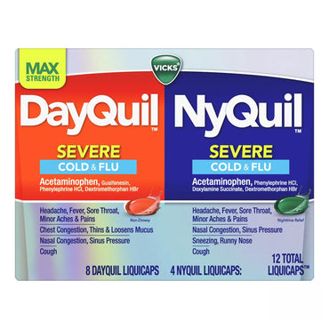 Vicks 2 Pack DayQuil & NyQuil Max Strength Severe Combo includes two boxes with 12 liquicaps each for powerful relief from cold and flu symptoms like headache, fever, and sore throat.
