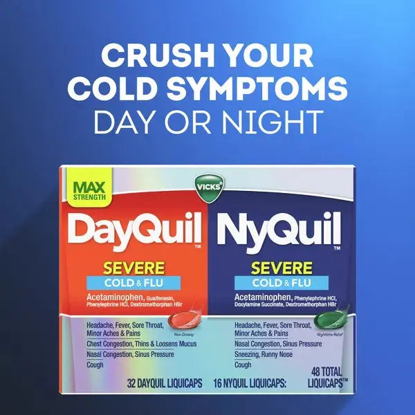 2 Pack - Vicks DayQuil & NyQuil Max Strength Severe Combo (12 Count Each) shown with text, “Crush your cold symptoms day or night with maximum strength relief,” on a blue background.