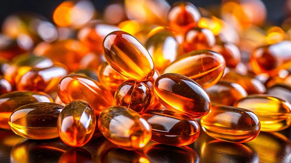 A close-up view of numerous translucent amber-colored gel capsules scattered on a dark surface.