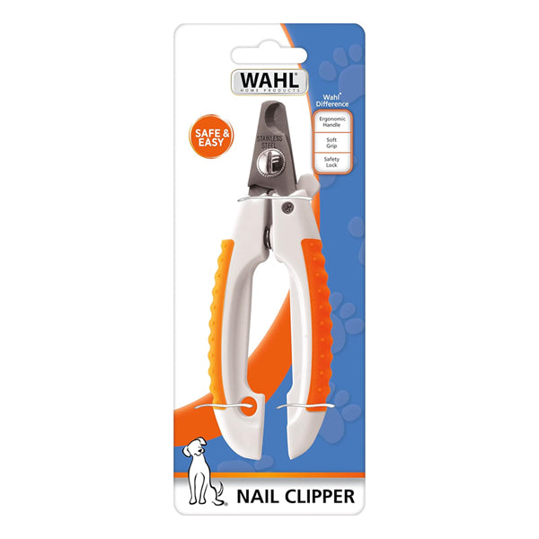 The WAHL Stainless Steel Pet Nail Clipper for Cutting Dog & Cat Claws (Model 858448) features an ergonomic rubber grip and safety highlights, with stainless steel blades, from Wahl. Packaged in white and orange on a blue and white card.