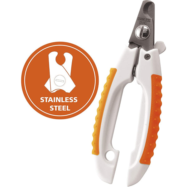 The WAHL Stainless Steel Pet Nail Clipper for Cutting Dog & Cat Claws, Model 858448, by Wahl is shown with white and orange ergonomic rubber grip handles next to a circular Stainless Steel label.