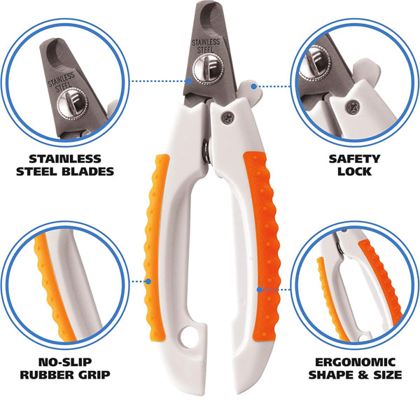 The WAHL Stainless Steel Pet Nail Clipper for Cutting Dog & Cat Claws (Model 858448) by Wahl features stainless steel blades, an ergonomic rubber grip, a safety lock, and an ergonomic shape, highlighted in labeled callout circles.
