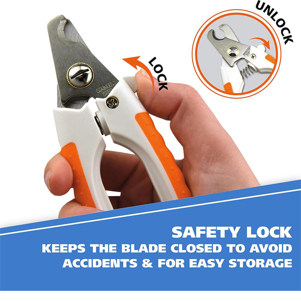 A hand holds the WAHL Stainless Steel Pet Nail Clipper for Cutting Dog & Cat Claws (Wahl, Model 858448), featuring an orange and white ergonomic rubber grip and a safety lock for secure blade storage.