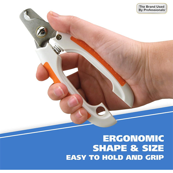 A hand holds the WAHL Stainless Steel Pet Nail Clipper for Cutting Dog & Cat Claws (Model 858448); ergonomic shape and easy grip by Wahl are highlighted.