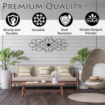 Create a modern living room with Besti’s Wrought Iron Wall Art Decor Medallion (32 x 12), featuring a scroll-style design. This strong, rust-resistant, and elegant piece adds versatile charm to both living rooms and bedrooms.