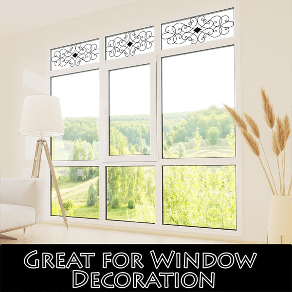Besti Wrought Iron Wall Art Decor Medallion (32 x 12) features a black scroll-style design, perfect for living rooms or bedrooms, and looks stunning above large windows overlooking a green landscape. Great for window decoration.