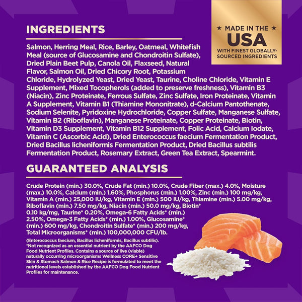 Wellness CORE+ Sensitive Skin and Stomach Adult Dry Dog Food with Freeze Dried Pieces Salmon and Rice 18lb Wellness