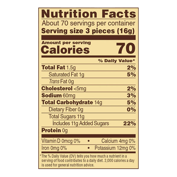 The nutrition label for Werthers Original Caramel Hard Candies 39.75oz Bag (Werthers) lists per 3-piece serving: 70 calories, 1.5g fat, 14g carbs, 11g added sugars, 0g protein, plus small amounts of cholesterol, sodium, calcium, and potassium.