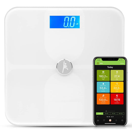 The ShareVgo Smart Digital Body Weight Scale SWS200 in white, featuring a blue backlit display with 0.0 lb, sits beside a smartphone displaying health metrics for advanced body composition monitoring.