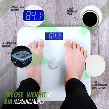 A person stands on the ShareVgo Smart Digital Body Weight Scale SWS200 - White by ShareVgo, displaying 84.1 kg with its LCD screen, slip-resistant pads, precise weighing sensors, and high conductivity coating for accurate BIA.