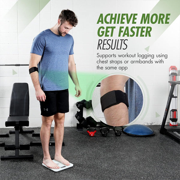 A man stands on a ShareVgo Smart Digital Body Weight Scale SWS200 - White in a gym, wearing an armband. Text highlights faster results with workout logging using chest straps or armbands and advanced Bio-electrical Impedance Analysis (BIA).