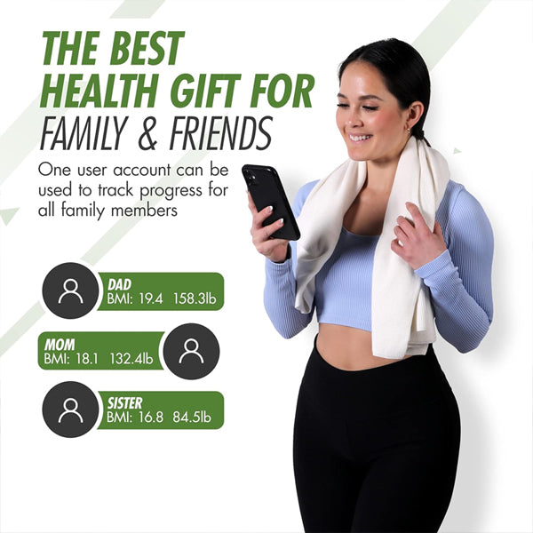 Woman in athletic wear holds a phone and towel, promoting a health gift for families. Track BMI and weight for dad, mom, and sister with the ShareVgo Smart Digital Body Weight Scale SWS200 - White by ShareVgo.