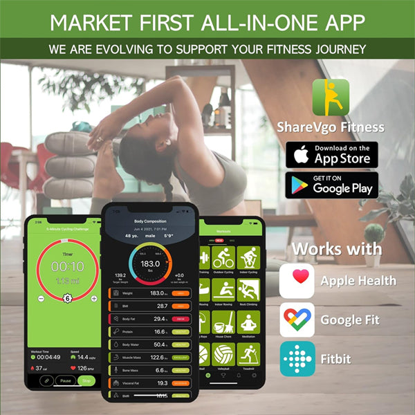 A person stretches on a mat while three smartphones in the foreground display fitness app features from the ShareVgo Smart Digital Body Weight Scale SWS200 - White, compatible with Apple Health, Google Fit, and Fitbit.