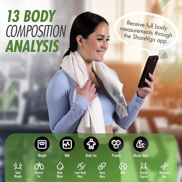 Woman in workout gear holding a smartphone and towel, with text promoting 13 body measurements using the ShareVgo Smart Digital Body Weight Scale SWS200 - White via the ShareVgo app’s Bio-electrical Impedance Analysis (BIA), plus health metric icons below.