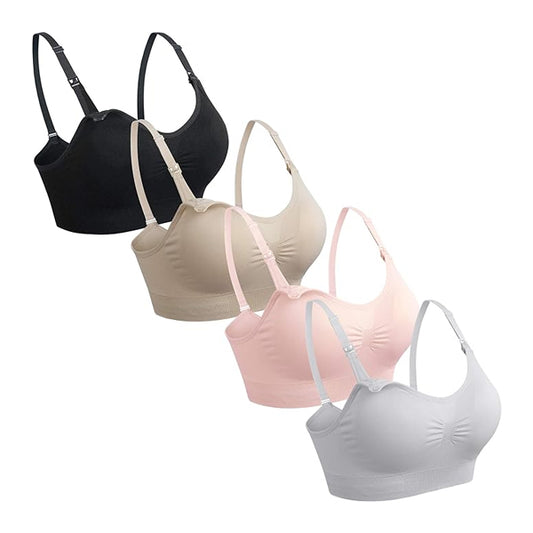The GXXGE 4 Pack Nursing Maternity Bra Seamless Silk XL includes black, beige, pink, and light gray bras with adjustable straps and ruched fronts—ideal for your breastfeeding wardrobe.