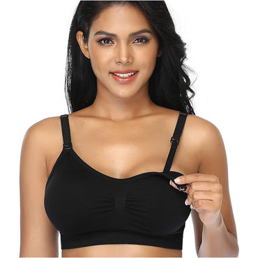A woman wearing the GXXGE 4 Pack Nursing Maternity Bra Seamless Silk XL, with wire-free padded cups and easy breastfeeding access, stands against a white background—an essential from GXXGE for any nursing wardrobe.