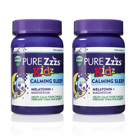 Get two 42-count bottles of Vicks PURE Zzz’s Kidz Calming Sleep Gummies, a drug-free sleep aid with melatonin and magnesium for kids ages 4+, designed to help promote restful sleep.