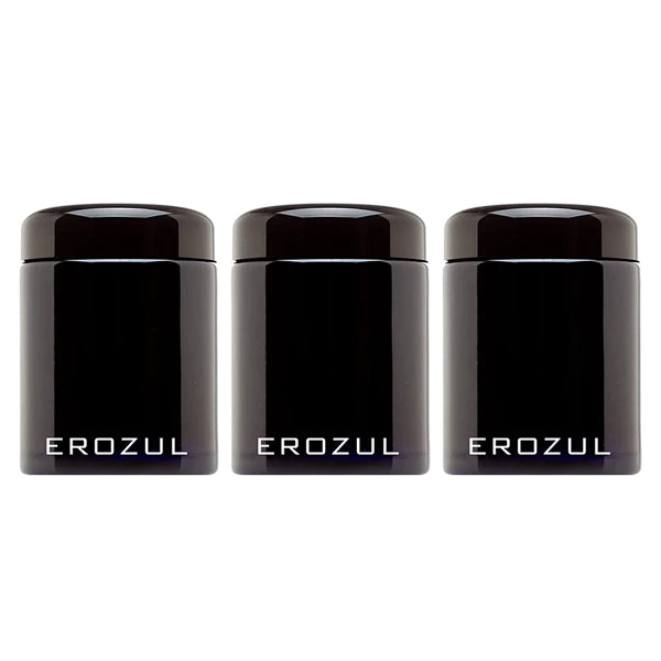 Three identical Erozul 100ml Screw Top Wide Mouth Glass UV Jars, each with an airtight lid for smell-proof storage, are arranged side by side against a white background.