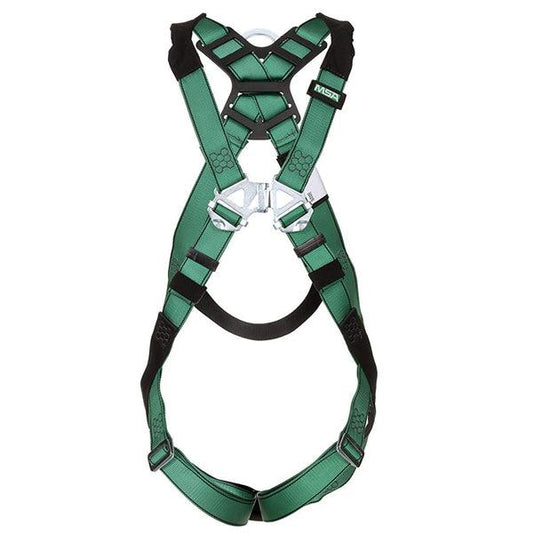 The MSA V-Form Full Body Harness, size Super X Large, features a green design with Qwik Fit leg straps, a back D-ring, and an athletic cut for comfort.