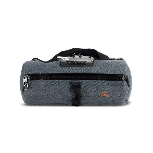 The Skunk Small 10″ Smell Proof Duffle is a compact, grey fabric stash bag with a top handle, front zipper pocket, security lock, and activated carbon tech for 100% odor-proof storage.