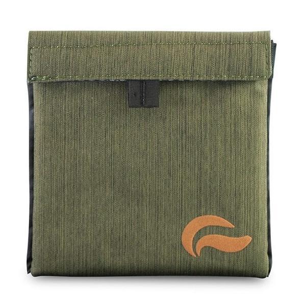 The Skunk Mr Slick 6” Stash Storage Case is a green, compact, carbon-lined bag with a flap closure, black edging, and an orange curved logo on the bottom right corner. It eliminates odor and keeps your items fresh.