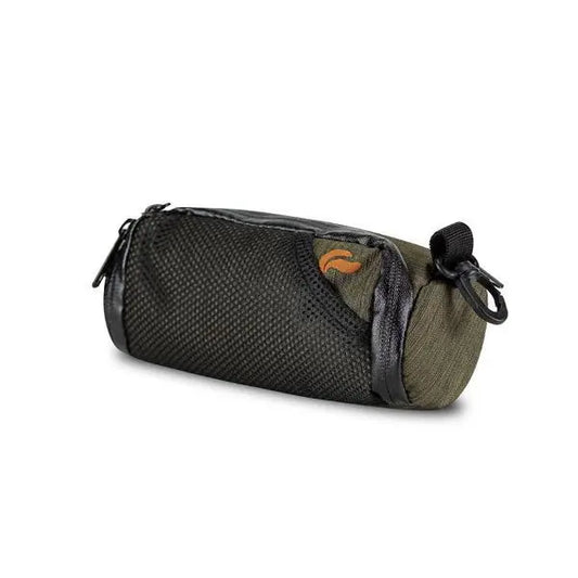 The Skunk 7″ Warrior Smell Proof Bag by Skunk is a small cylindrical pouch with a black mesh front, olive-green sides, water-resistant fabric, zipper closure, and a loop for attaching or carrying.