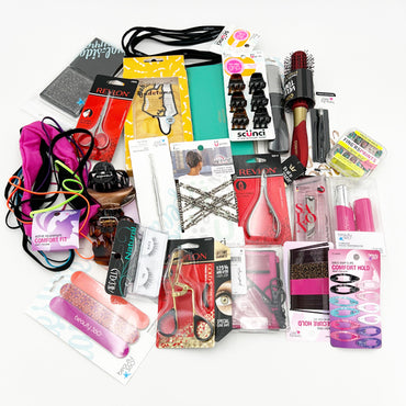 Deal Society Beauty / Makeup Tools Mixed Lot, Wholesale Lot 40 pcs—featuring hair ties, clips, brushes, nail clippers, tweezers, files & more—are arranged on a white background. Includes MUA and Beauty 360 brands.